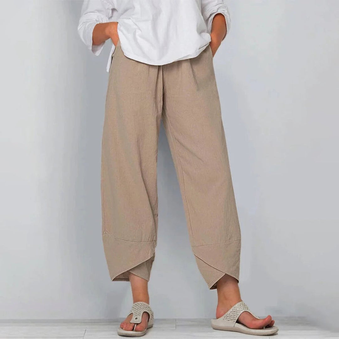 Dames Wijdvallende Linnen Broek Elastische Taille Asymmetrische Zoom - Khaki