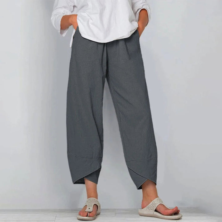 Dames Wijdvallende Linnen Broek Elastische Taille Asymmetrische Zoom - Grijs