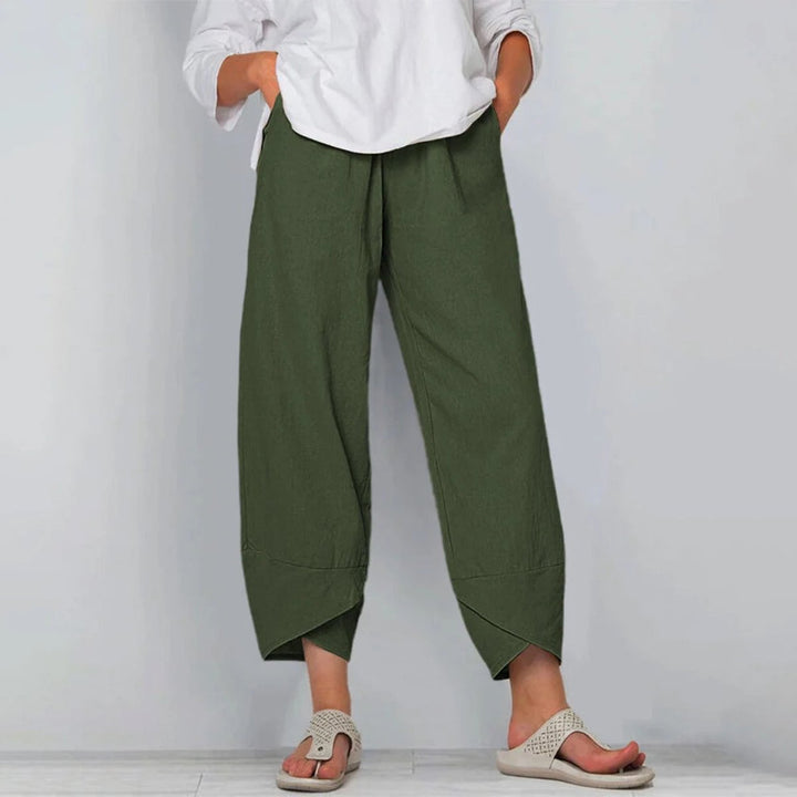 Dames Wijdvallende Linnen Broek Elastische Taille Asymmetrische Zoom - Groen