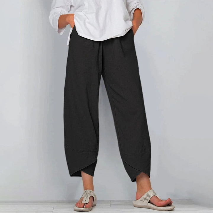 Dames Wijdvallende Linnen Broek Elastische Taille Asymmetrische Zoom - Zwart