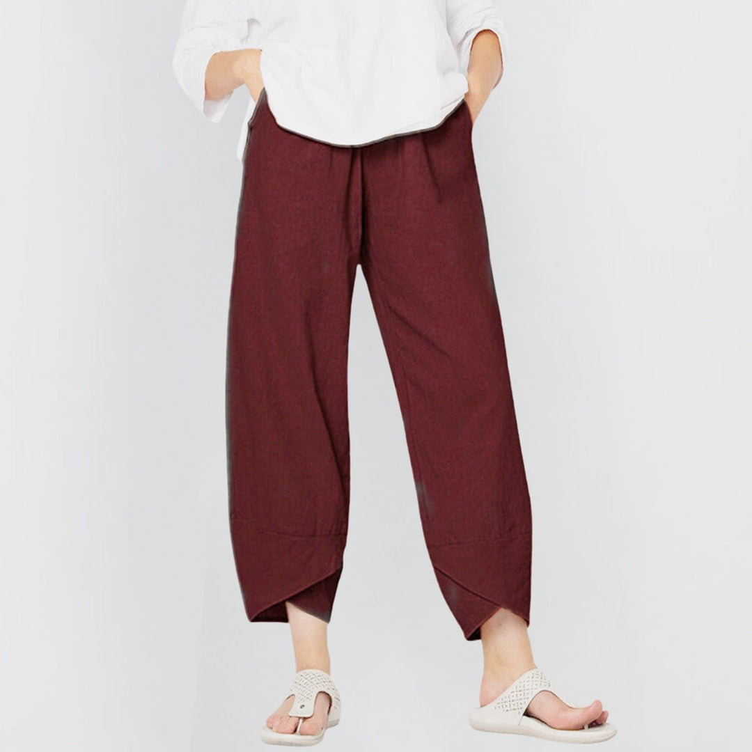 Dames Wijdvallende Linnen Broek Elastische Taille Asymmetrische Zoom - Wijnrood