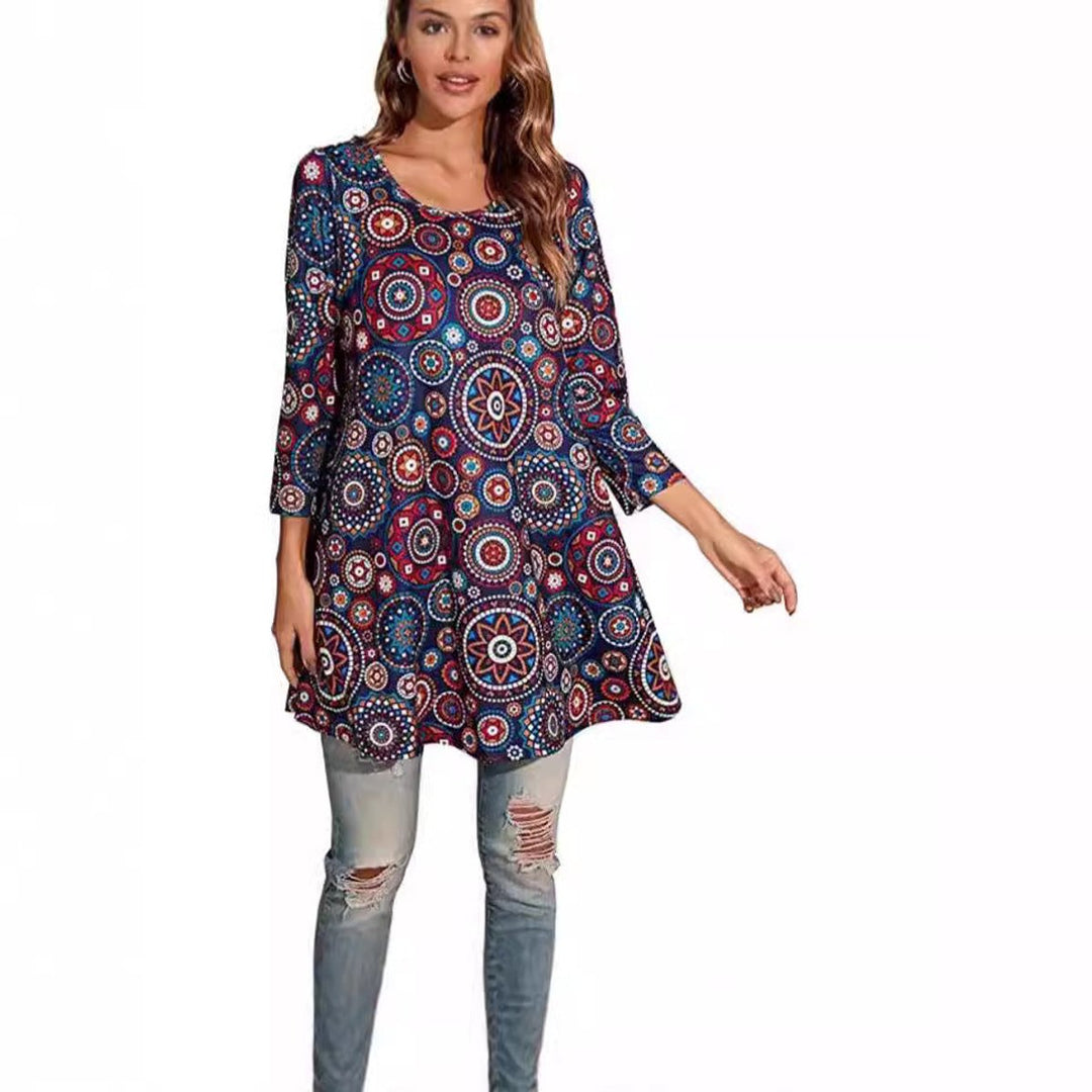 Dames Wijdvallende Mandalaprint Tunic met Driekwartmouw
