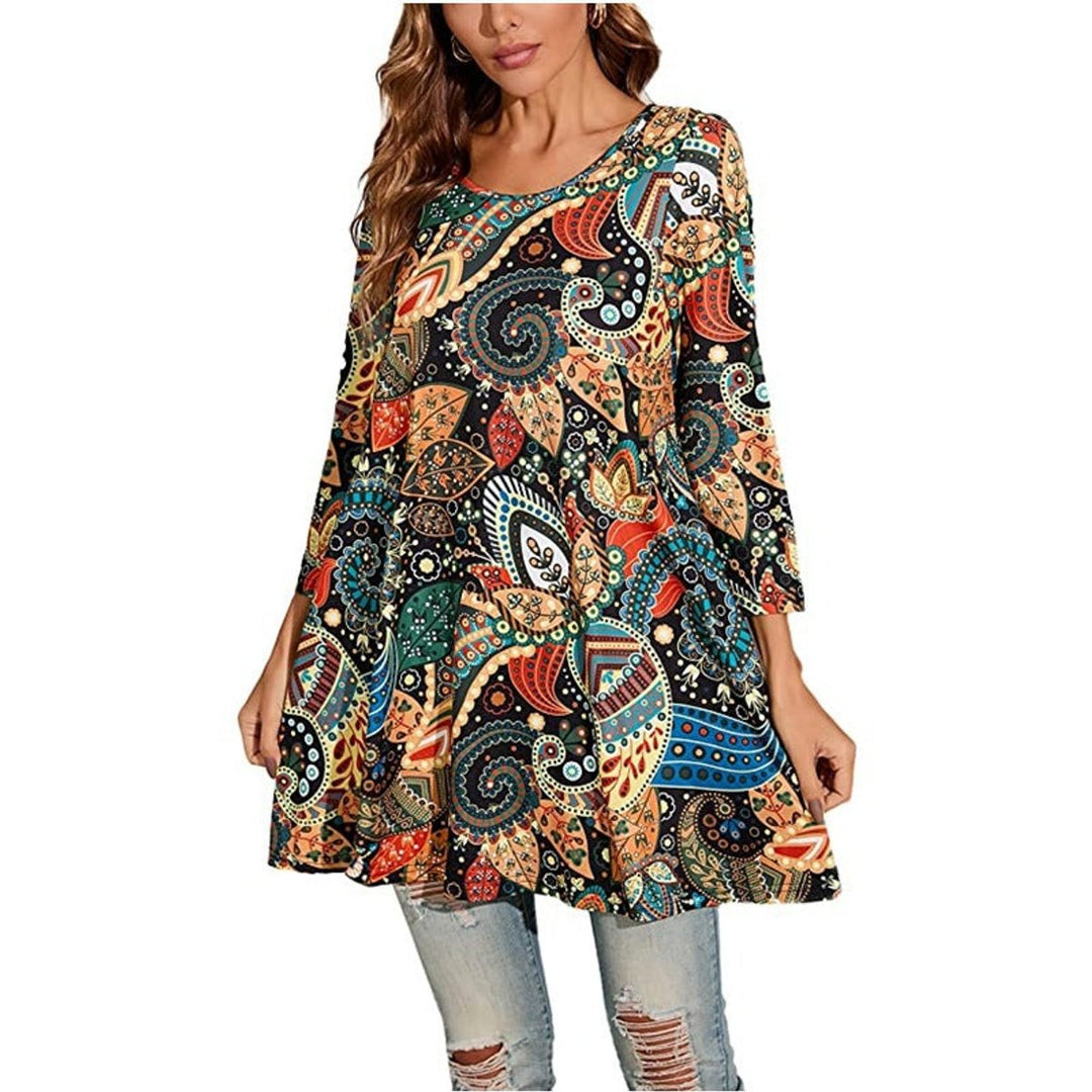 Dames Wijdvallende Mandalaprint Tunic met Driekwartmouw - A5
