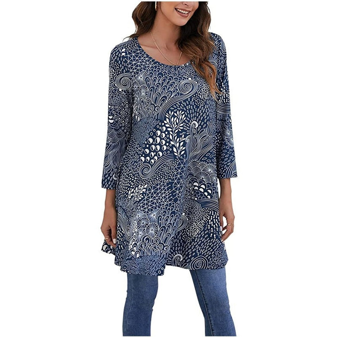 Dames Wijdvallende Mandalaprint Tunic met Driekwartmouw - A12