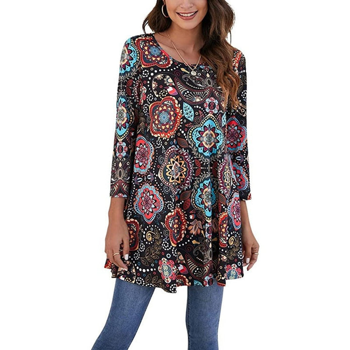 Dames Wijdvallende Mandalaprint Tunic met Driekwartmouw - A2