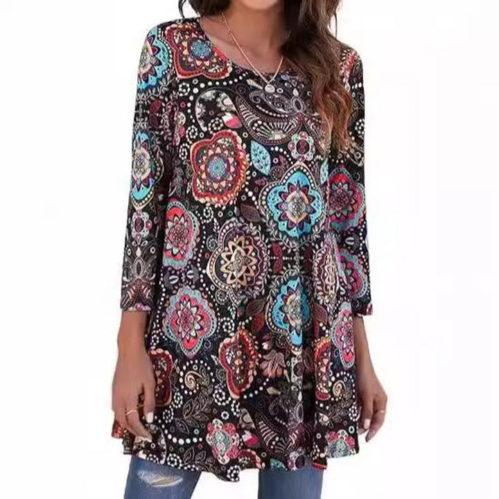 Dames Wijdvallende Mandalaprint Tunic met Driekwartmouw