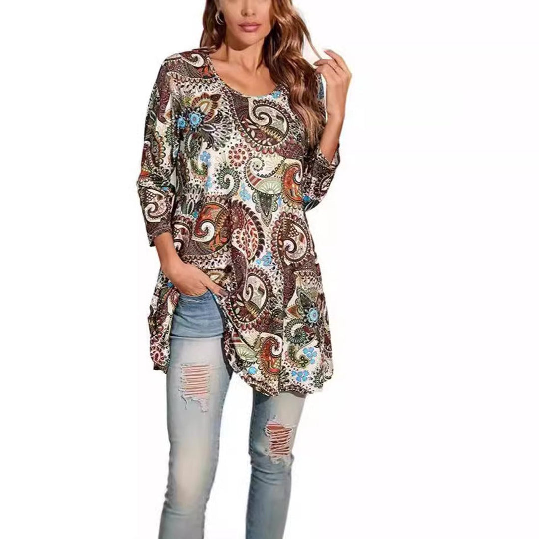 Dames Wijdvallende Mandalaprint Tunic met Driekwartmouw