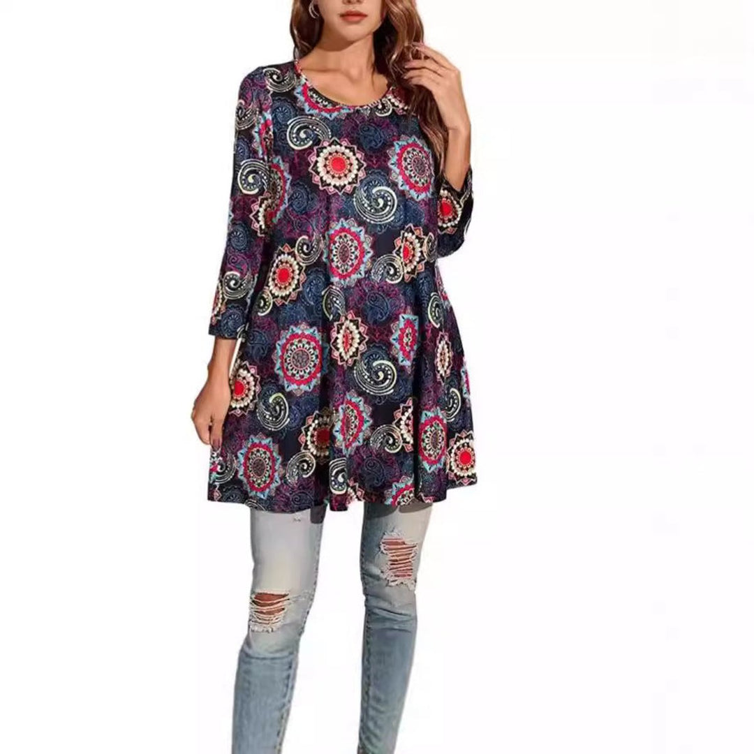 Dames Wijdvallende Mandalaprint Tunic met Driekwartmouw