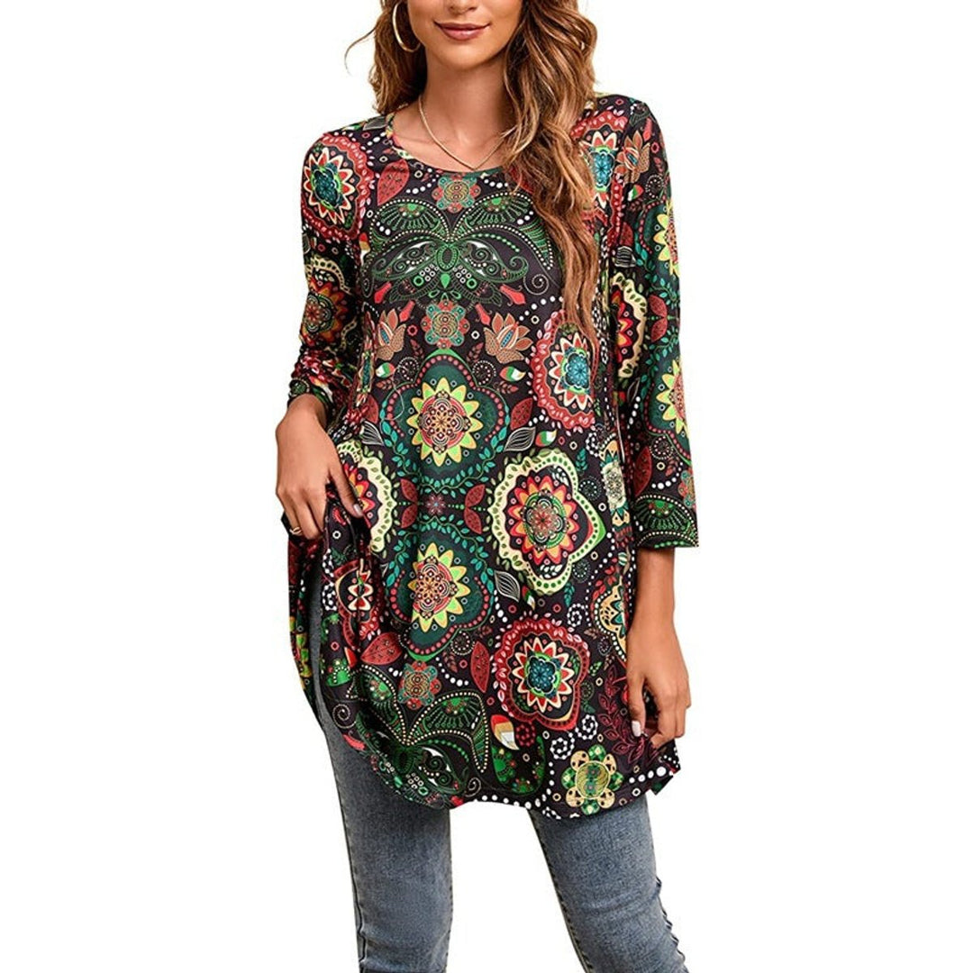 Dames Wijdvallende Mandalaprint Tunic met Driekwartmouw - A16