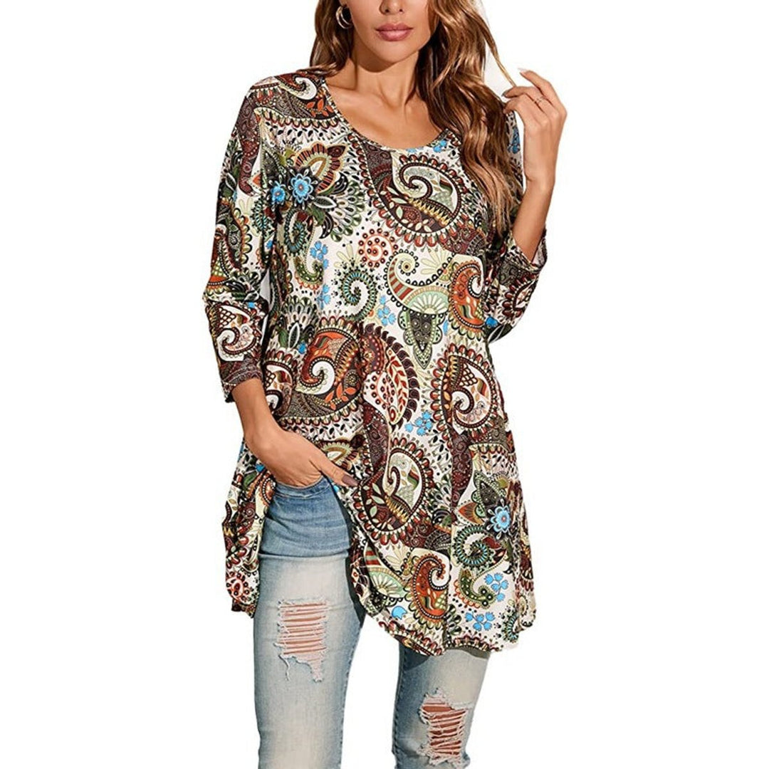 Dames Wijdvallende Mandalaprint Tunic met Driekwartmouw - A1