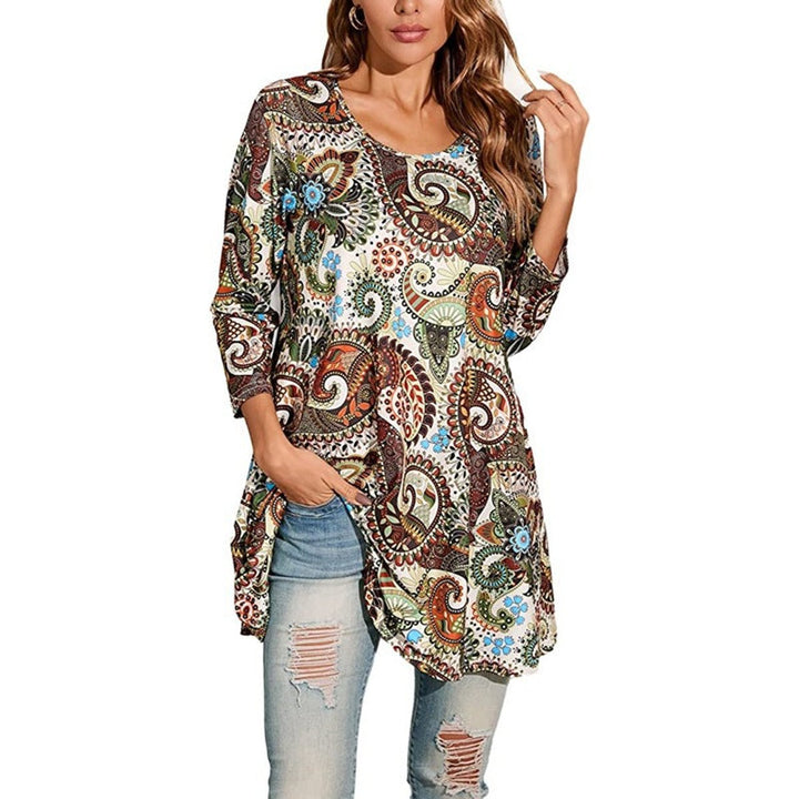 Dames Wijdvallende Mandalaprint Tunic met Driekwartmouw - A1