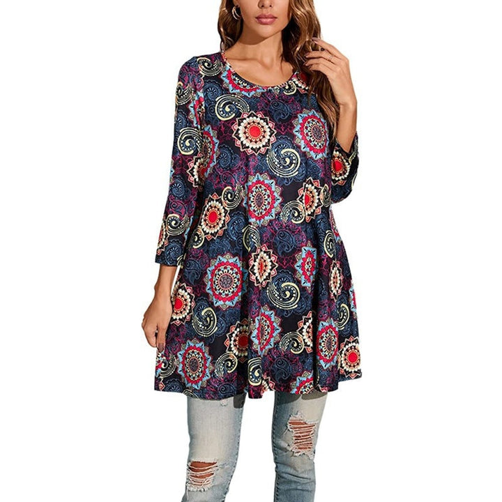 Dames Wijdvallende Mandalaprint Tunic met Driekwartmouw - Grau