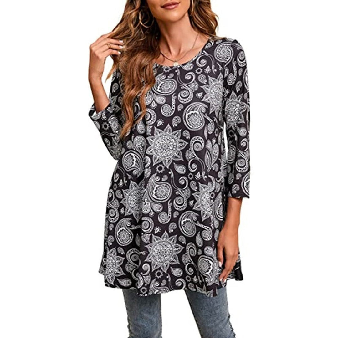 Dames Wijdvallende Mandalaprint Tunic met Driekwartmouw - A14