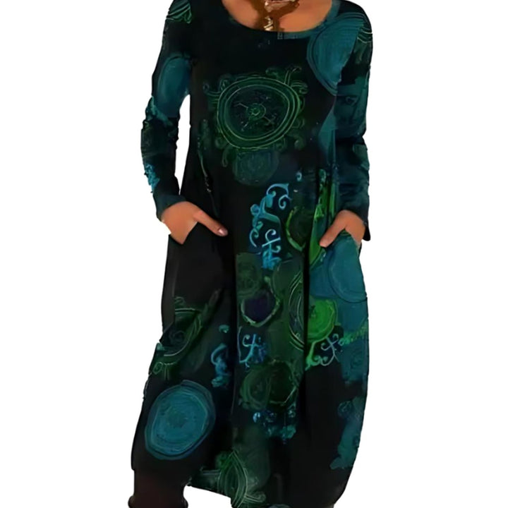 Dames Wijdvallende Midi-jurk met Allover-print en Zijzakken - Blauw