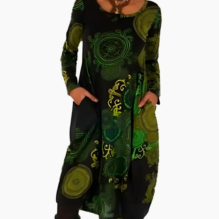 Dames Wijdvallende Midi-jurk met Allover-print en Zijzakken - Groen