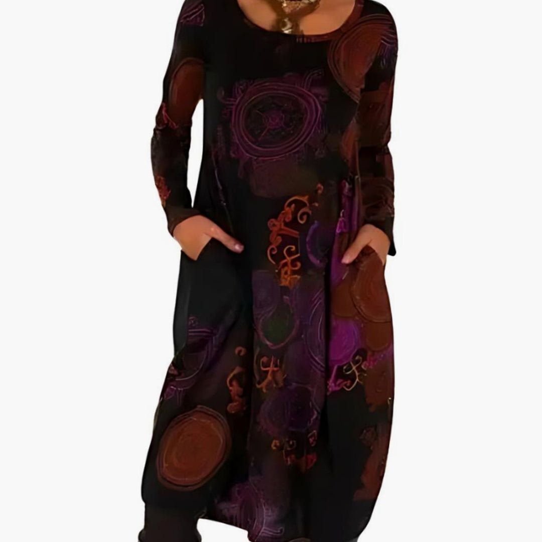 Dames Wijdvallende Midi-jurk met Allover-print en Zijzakken - Rood