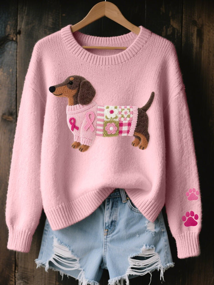 Dames Wijdvallende Teckel Patchwork Knit Sweater - Roze