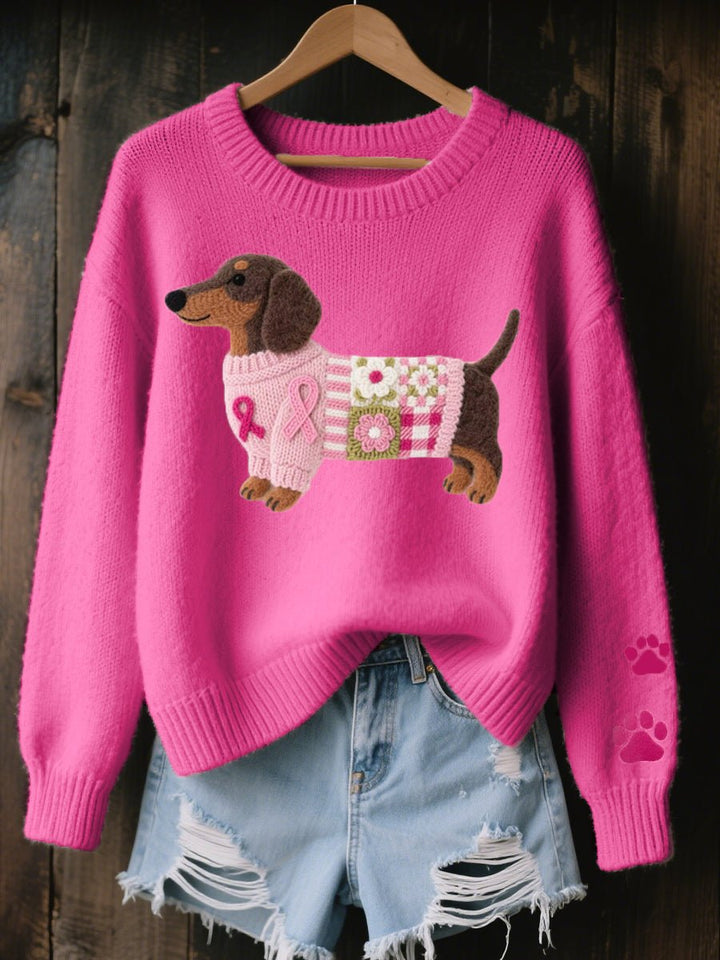 Dames Wijdvallende Teckel Patchwork Knit Sweater - Donkerroze