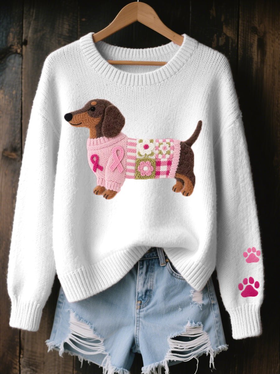 Dames Wijdvallende Teckel Patchwork Knit Sweater - Wit