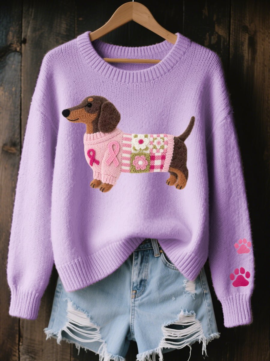 Dames Wijdvallende Teckel Patchwork Knit Sweater - Lila