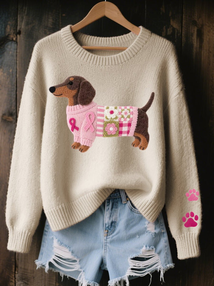 Dames Wijdvallende Teckel Patchwork Knit Sweater - Beige