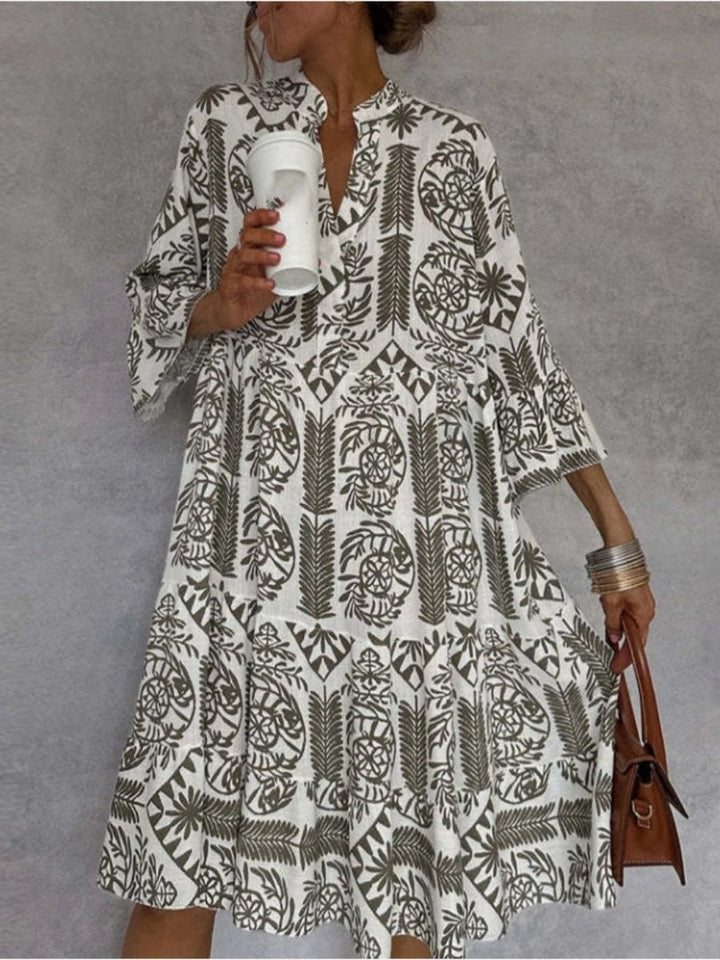 Dames Wijdvallende Tunic Jurk Bloemenprint - Khaki