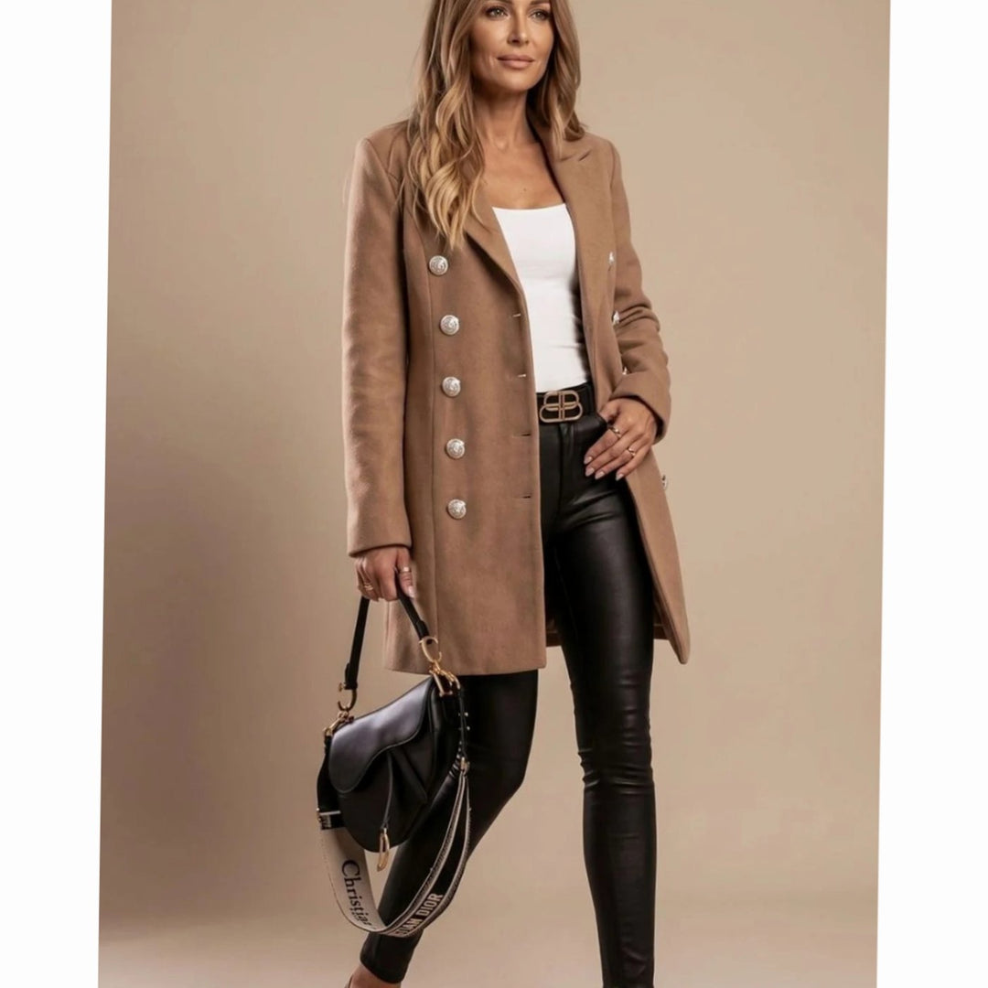 Dames Winterjas Klassieke Kraag Zilveren Knopenrij Lange Mouw - Khaki