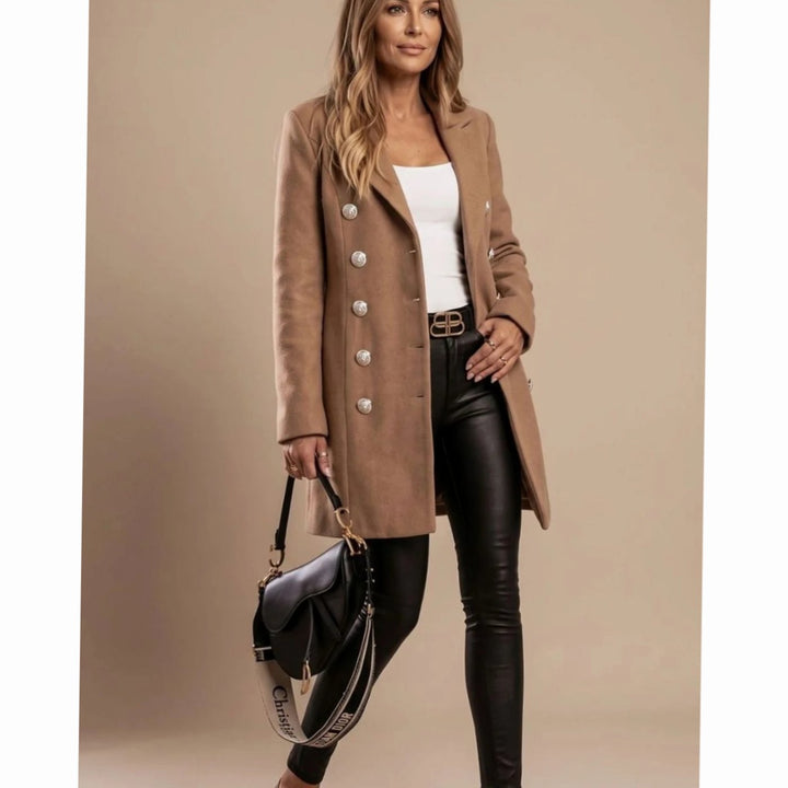 Dames Winterjas Klassieke Kraag Zilveren Knopenrij Lange Mouw - Khaki