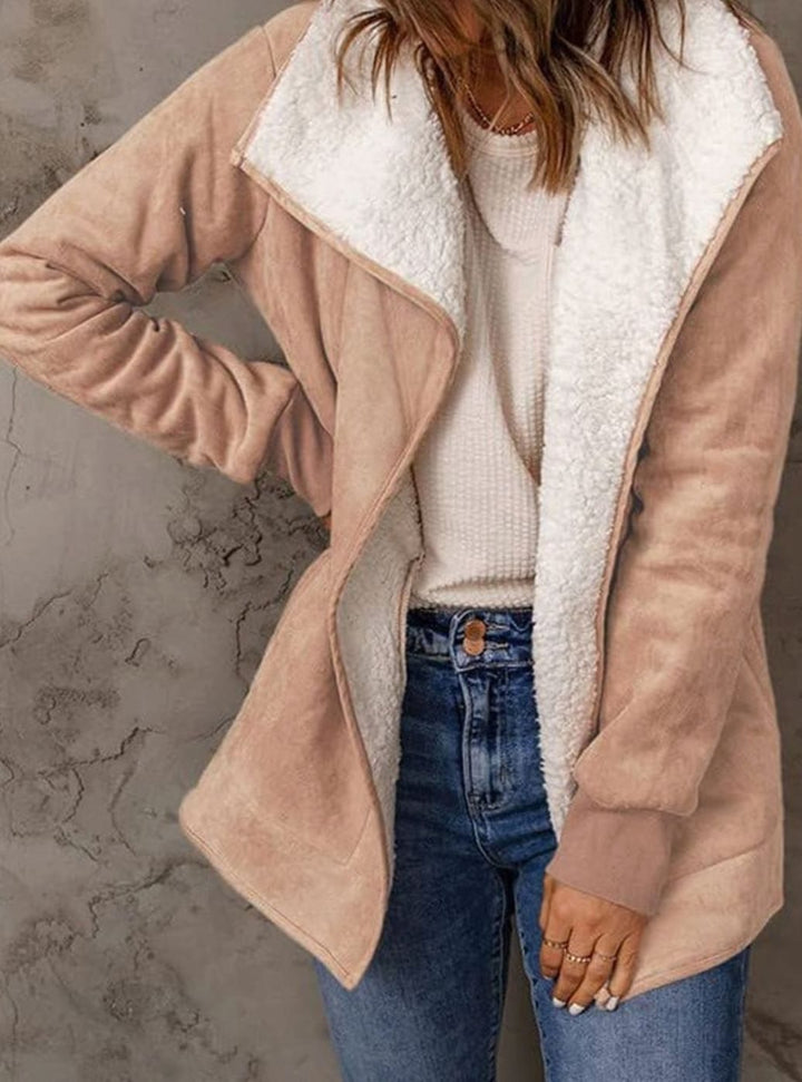 Dames Winterjas Sherpa Gevoerde Suède Open-Front Jas - Beige