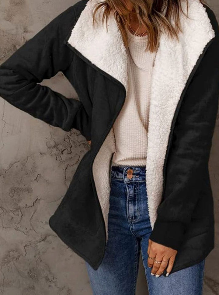 Dames Winterjas Sherpa Gevoerde Suède Open-Front Jas - Zwart