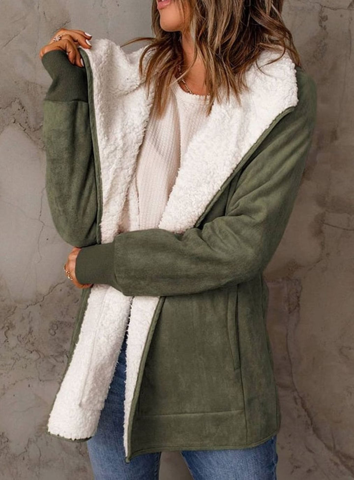 Dames Winterjas Sherpa Gevoerde Suède Open-Front Jas - Groen