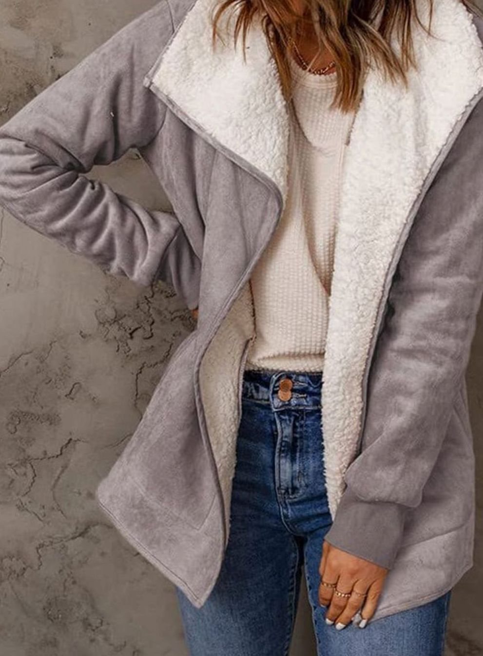 Dames Winterjas Sherpa Gevoerde Suède Open-Front Jas - Paars
