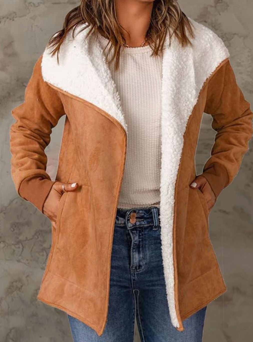Dames Winterjas Sherpa Gevoerde Suède Open-Front Jas