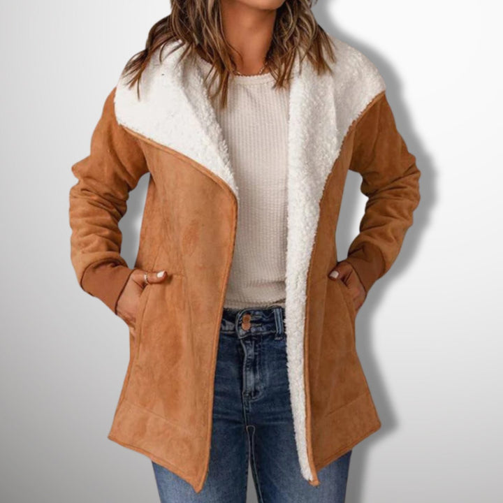 Dames Winterjas Sherpa Gevoerde Suède Open-Front Jas - Khaki
