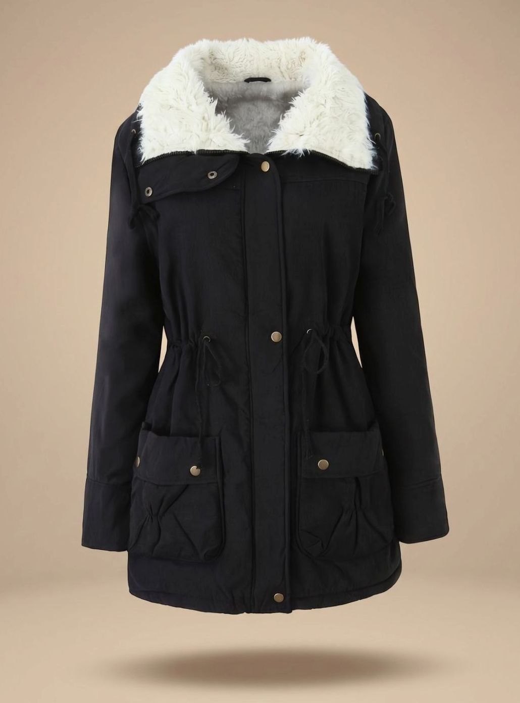 Dames Winterparka Getailleerde Snaptknopen Nepbont Kraag - Zwart