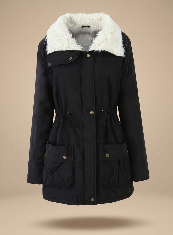 Dames Winterparka Getailleerde Snaptknopen Nepbont Kraag - Zwart