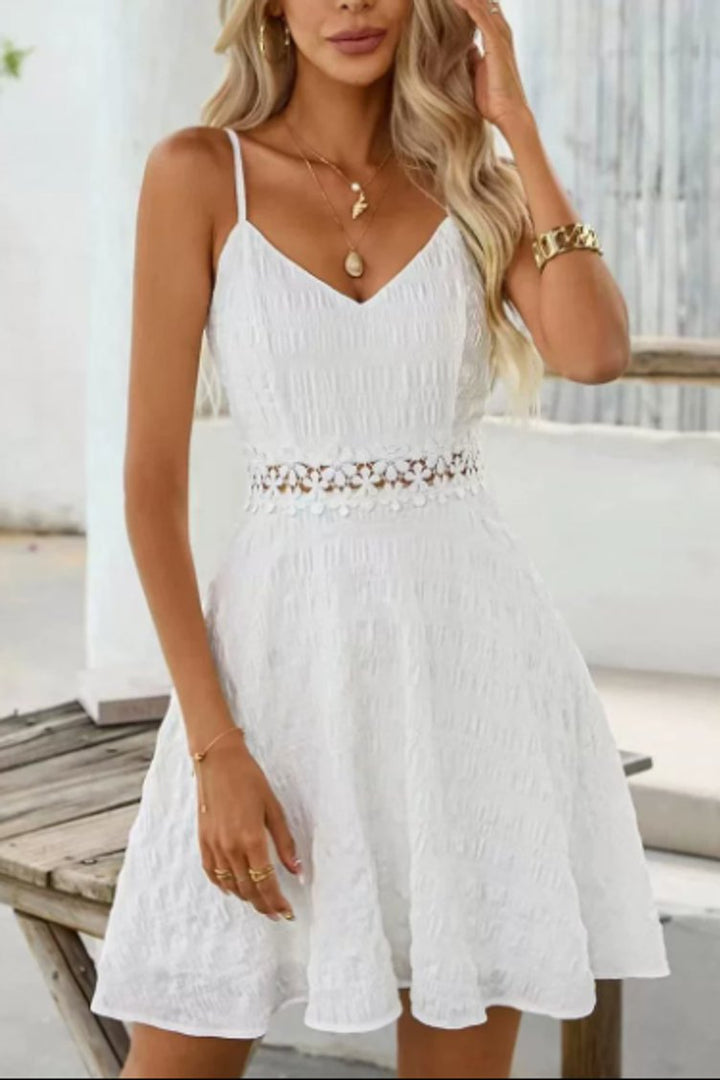 Dames Witte Kanten Taille Spaghettibandjes Cocktail Dress Mini - White