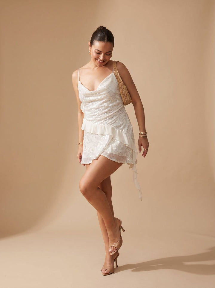Dames Witte Pailletten Mini Feestjurk Spaghettibandjes