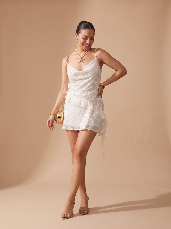 Dames Witte Pailletten Mini Feestjurk Spaghettibandjes
