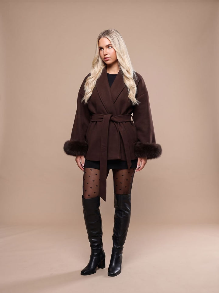 Dames Wolmix Jas met Ceintuur en Faux Fur Mouwen - Bruin