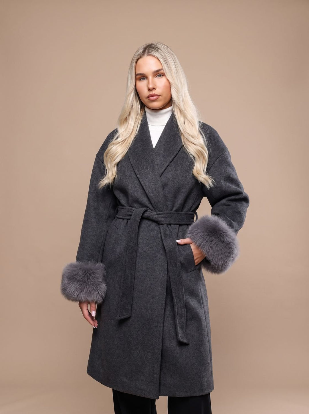 Dames Wolmix Jas met Ceintuur en Faux Fur Mouwen - Grijs