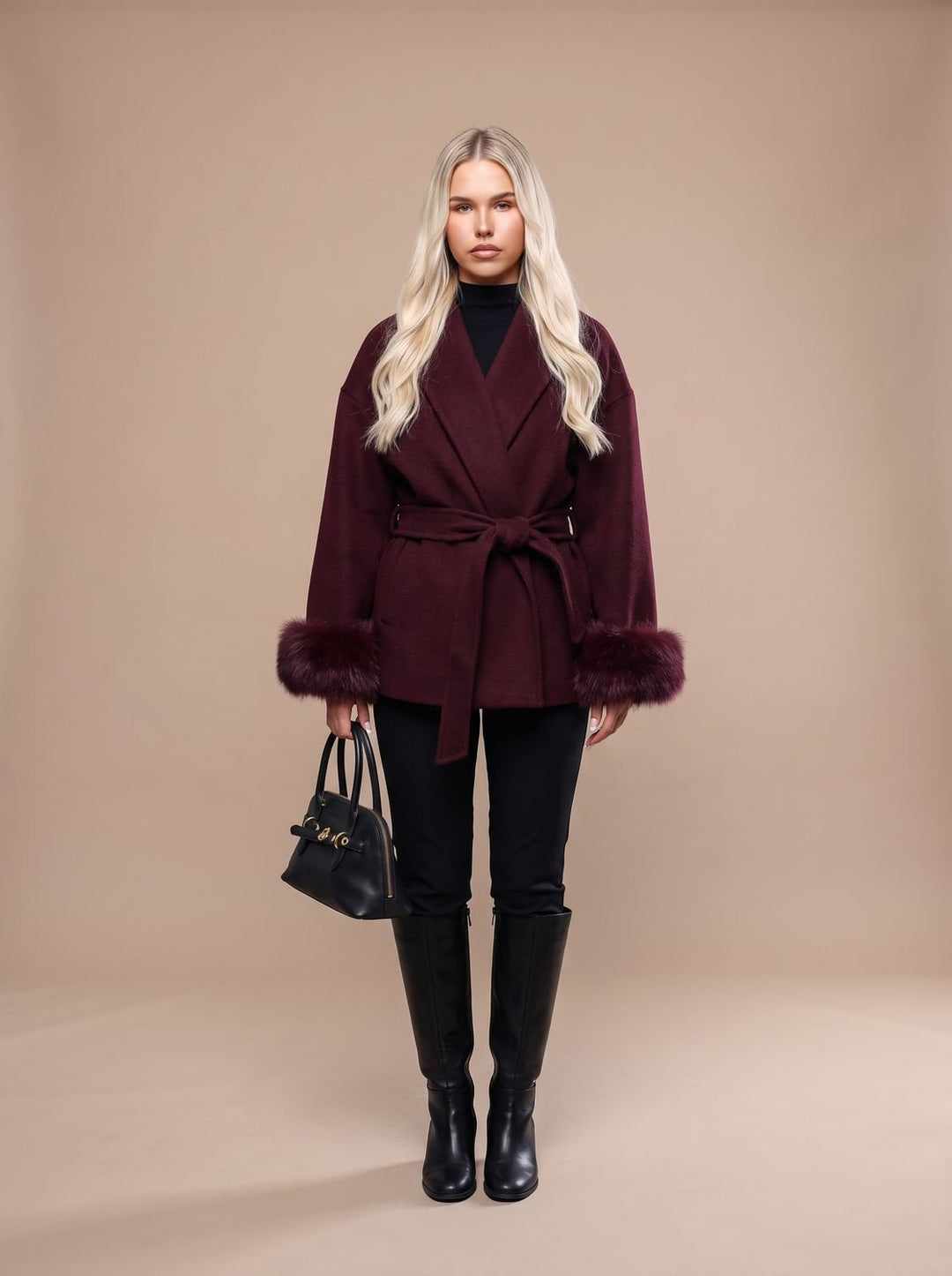 Dames Wolmix Jas met Ceintuur en Faux Fur Mouwen - Bourgondië