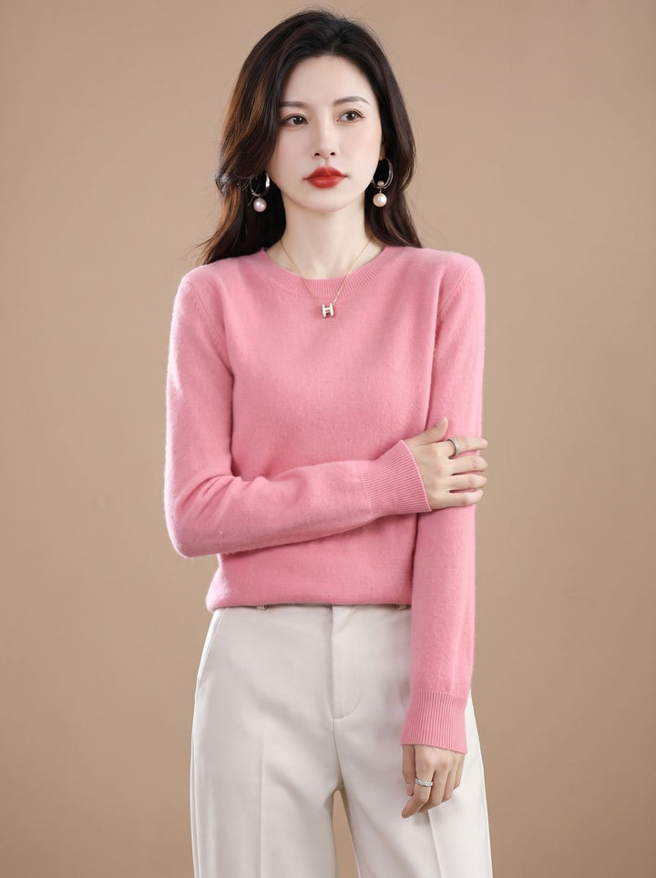 Dames Zachte Cashmere Pullover met Ronde Hals Lange Mouwen - Roze