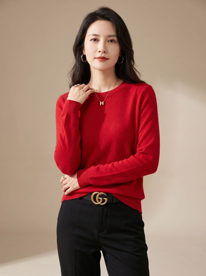 Dames Zachte Cashmere Pullover met Ronde Hals Lange Mouwen - Rood