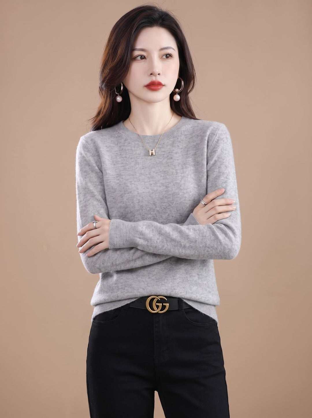 Dames Zachte Cashmere Pullover met Ronde Hals Lange Mouwen - Grijs