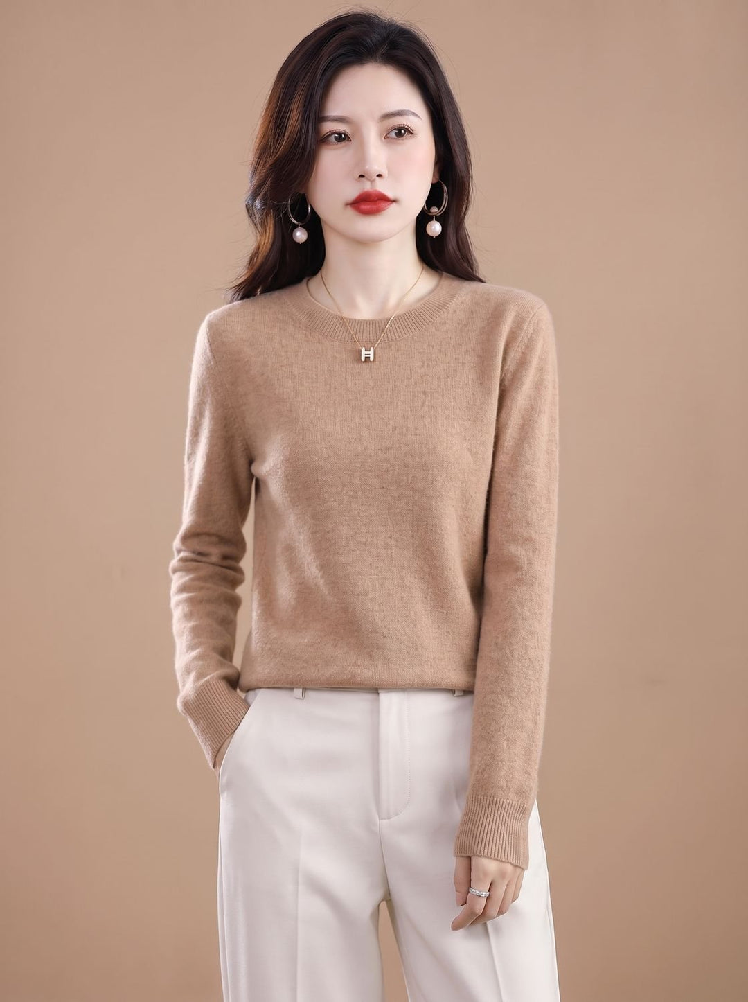 Dames Zachte Cashmere Pullover met Ronde Hals Lange Mouwen - Diep Kameelbruin
