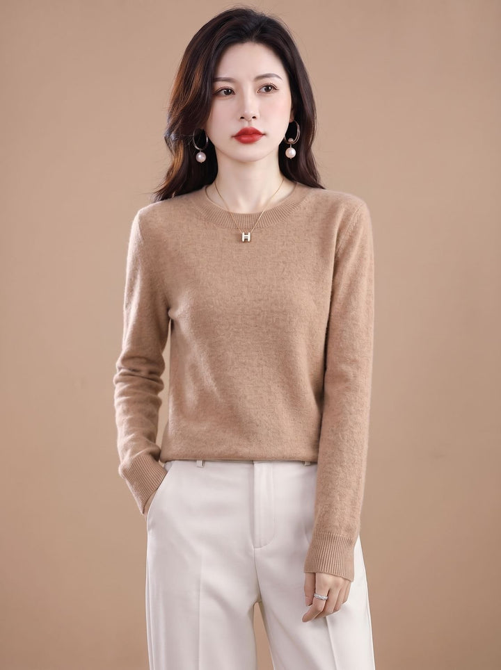 Dames Zachte Cashmere Pullover met Ronde Hals Lange Mouwen - Diep Kameelbruin