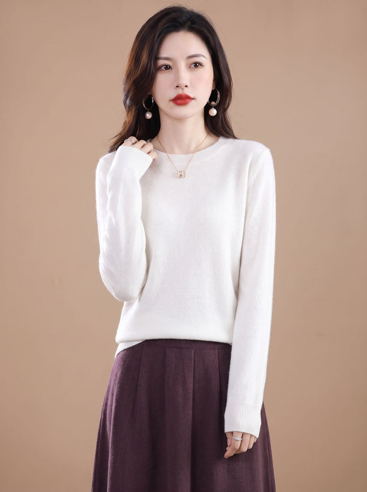 Dames Zachte Cashmere Pullover met Ronde Hals Lange Mouwen - Wit