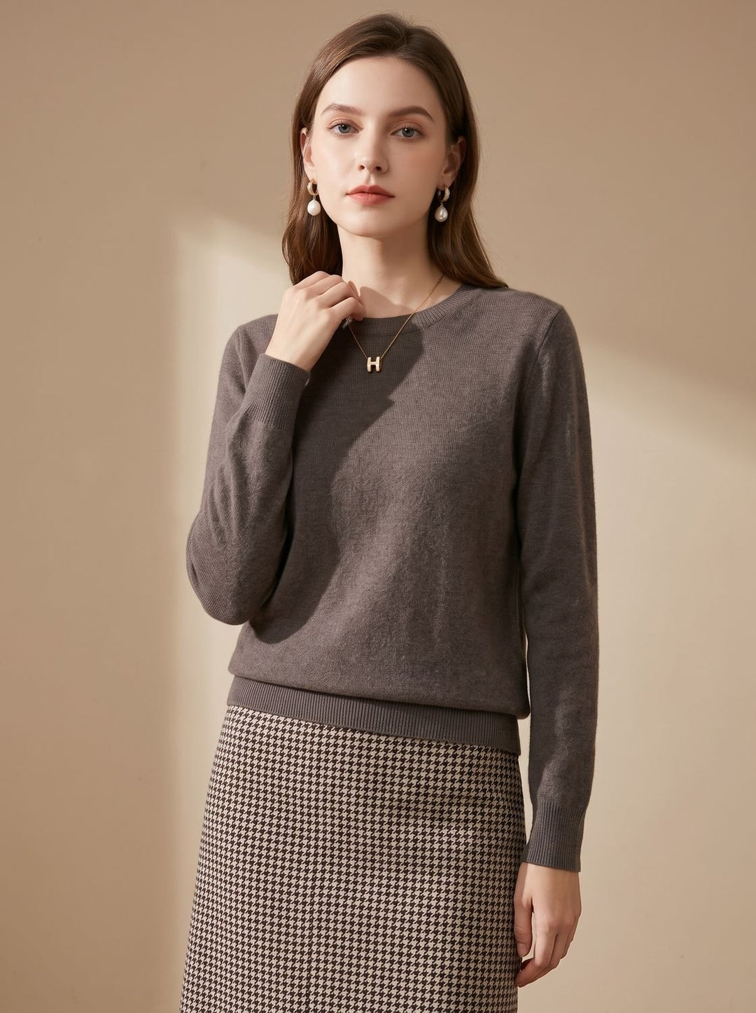 Dames Zachte Cashmere Pullover met Ronde Hals Lange Mouwen