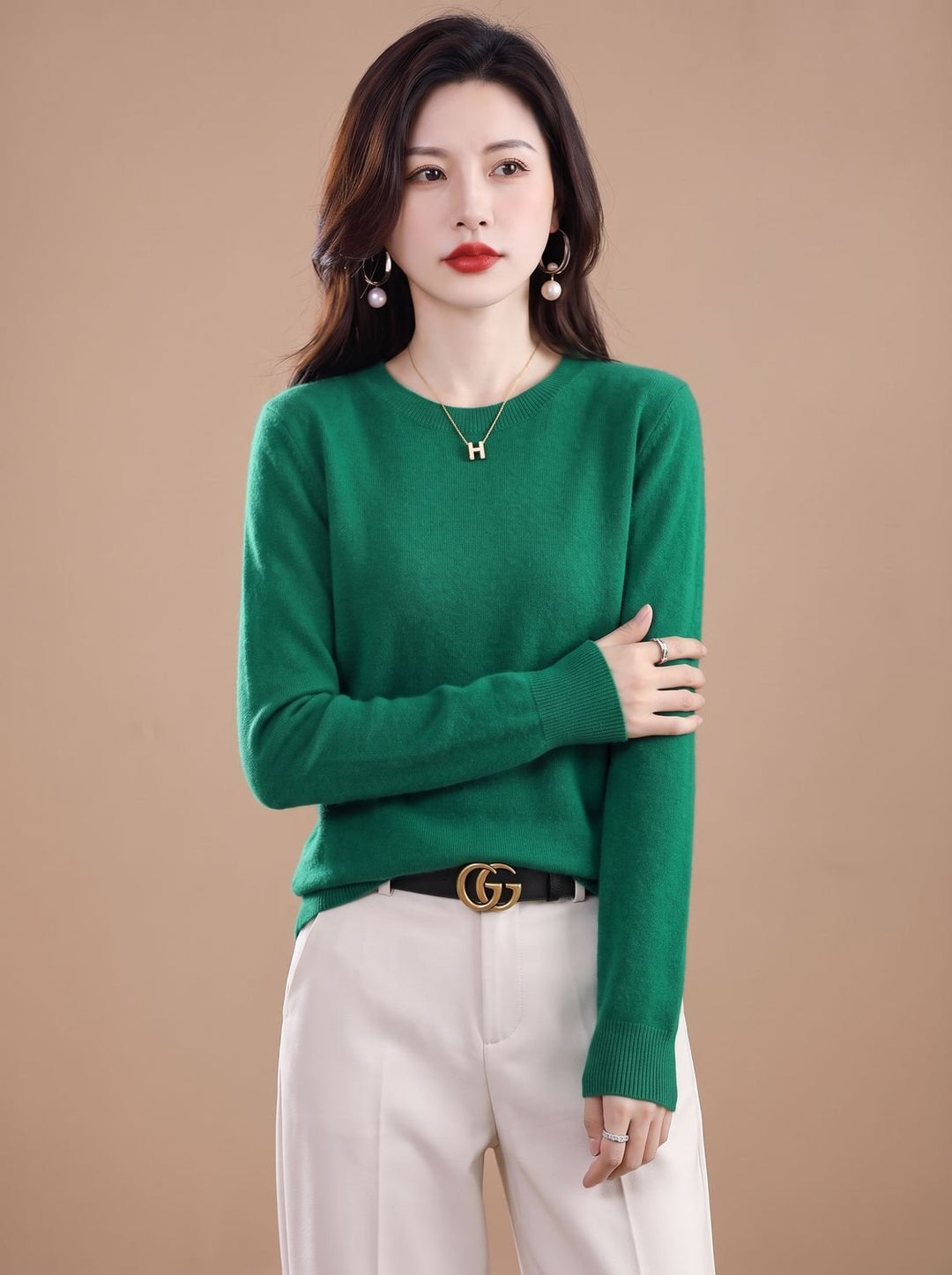 Dames Zachte Cashmere Pullover met Ronde Hals Lange Mouwen - Donkergroen